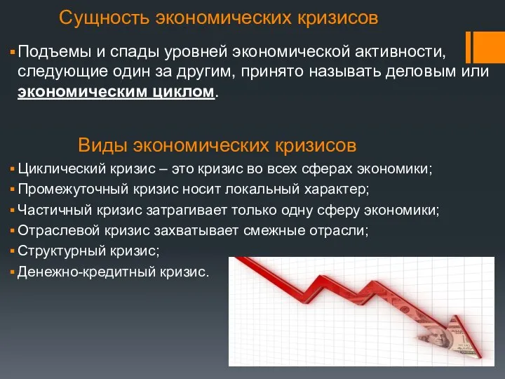 Сущность экономических кризисов Подъемы и спады уровней экономической активности, следующие один за