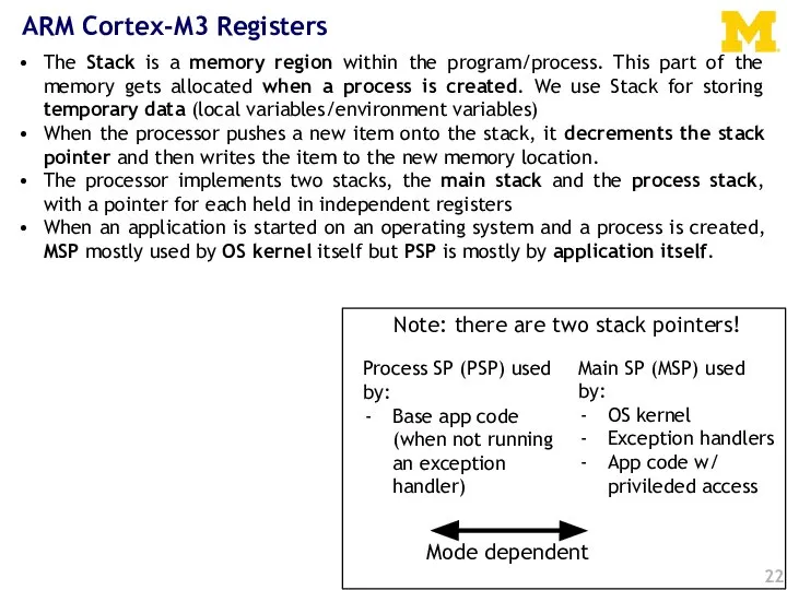 Mode dependent ARM Cortex-M3 Registers Main SP (MSP) used by: OS kernel