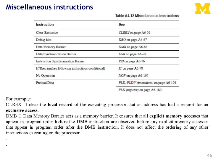 Miscellaneous instructions For example: CLREX ? clear the local record of the