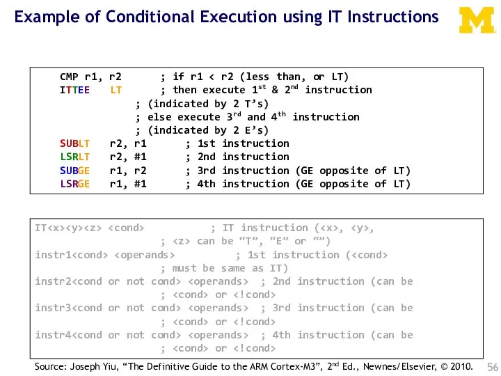 Example of Conditional Execution using IT Instructions IT ; IT instruction (