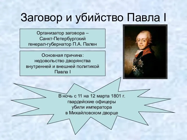 Заговор и убийство Павла I Организатор заговора – Санкт-Петербургский генерал-губернатор П.А. Пален