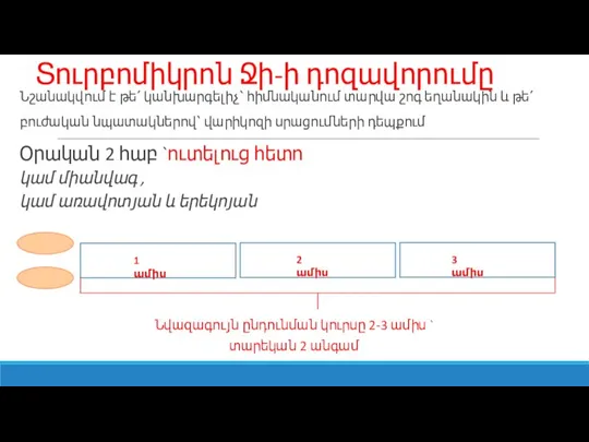 Տուրբոմիկրոն Ջի-ի դոզավորումը Նշանակվում է թե՛ կանխարգելիչ՝ հիմնականում տարվա շոգ եղանակին և