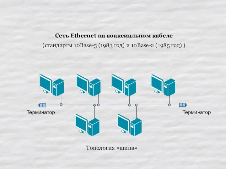 Сеть Ethernet на коаксиальном кабеле (стандарты 10Base-5 (1983 год) и 10Base-2 (1985 год) ) Топология «шина»