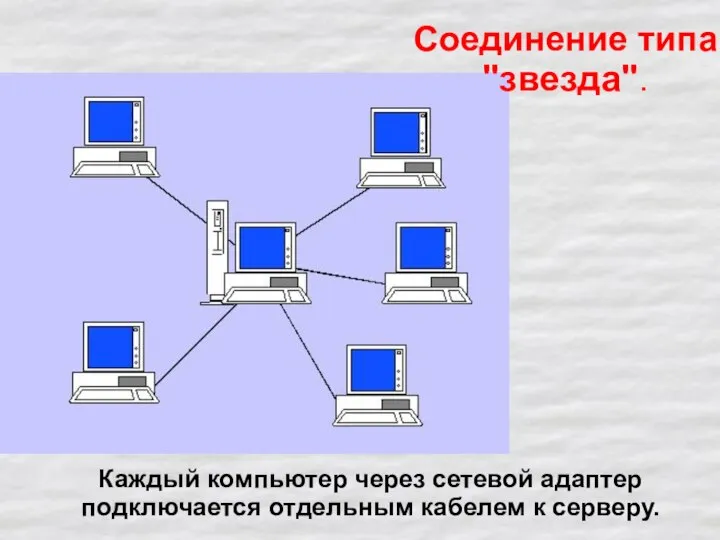 Каждый компьютер через сетевой адаптер подключается отдельным кабелем к серверу. Соединение типа "звезда".