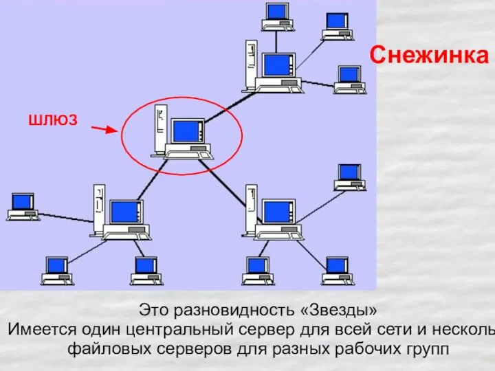 Снежинка Это разновидность «Звезды» Имеется один центральный сервер для всей сети и