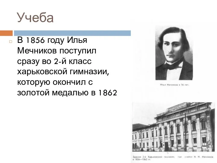 Учеба В 1856 году Илья Мечников поступил сразу во 2-й класс харьковской