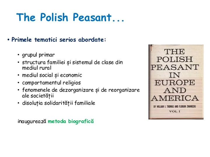 The Polish Peasant... Primele tematici serios abordate: grupul primar structura familiei și