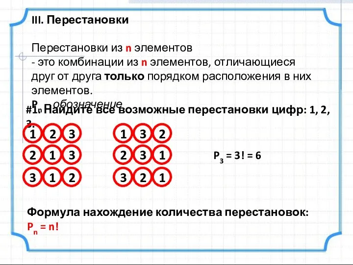 III. Перестановки Перестановки из n элементов - это комбинации из n элементов,