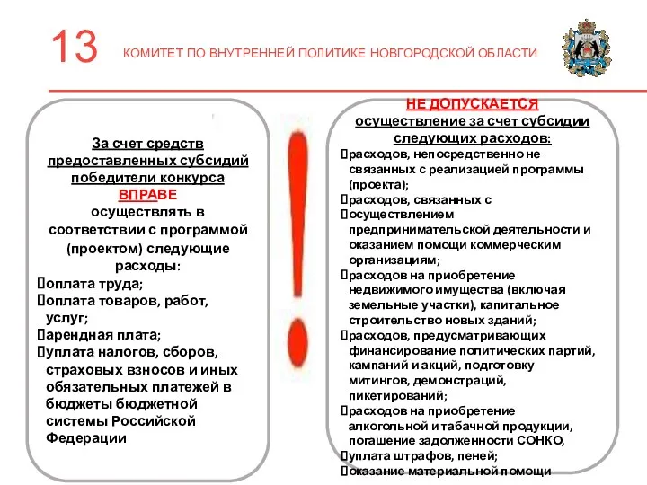 13 КОМИТЕТ ПО ВНУТРЕННЕЙ ПОЛИТИКЕ НОВГОРОДСКОЙ ОБЛАСТИ За счет средств предоставленных субсидий