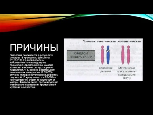 ПРИЧИНЫ Патология развивается в результате мутации 15 хромосомы (сегмента q11.2-q13). Прямой передачи