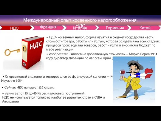 НДС Франция Италия Германия Китай • Занимает от 15 до 40 %всех