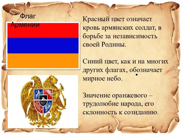 Флаг Армении Красный цвет означает кровь армянских солдат, в борьбе за независимость