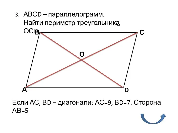 3. АВСD – параллелограмм. Найти периметр треугольника ОСD А В С D