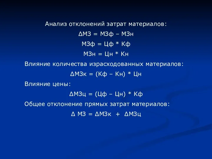 Анализ отклонений затрат материалов: ∆МЗ = МЗф – МЗн МЗф = Цф