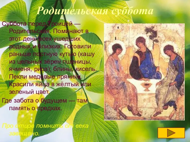 Родительская суббота Суббота перед Троицей — Родительская. Поминают в этот день всех