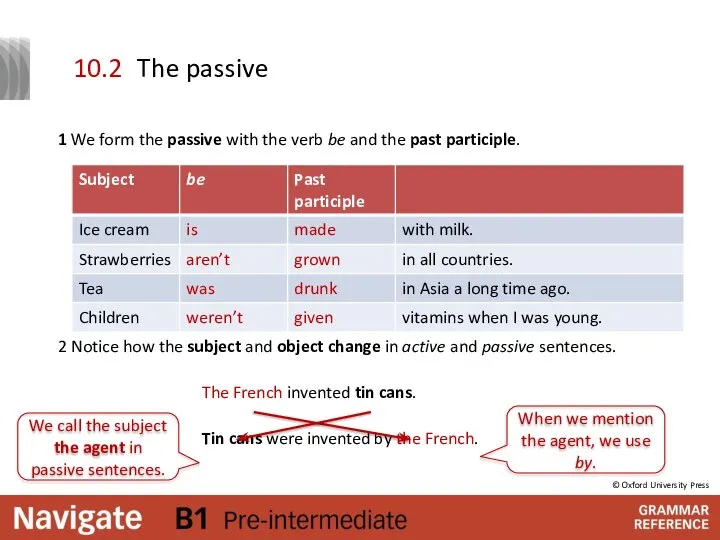 The passive 1 We form the passive with the verb be and