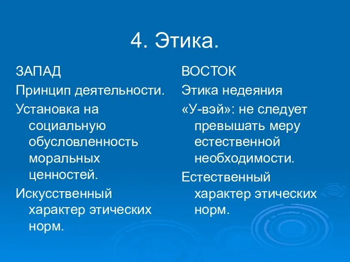 4. Этика. ЗАПАД Принцип деятельности. Установка на социальную обусловленность моральных ценностей. Искусственный