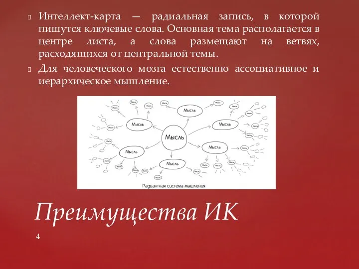 Интеллект-карта — радиальная запись, в которой пишутся ключевые слова. Основная тема располагается