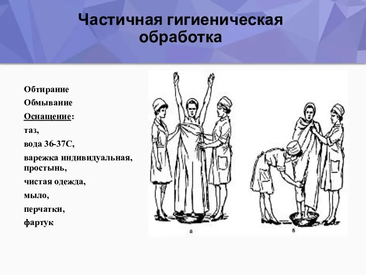 Частичная гигиеническая обработка Обтирание Обмывание Оснащение: таз, вода 36-37С, варежка индивидуальная, простынь,