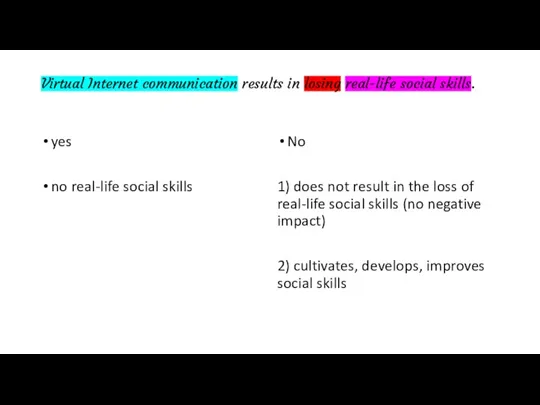 Virtual Internet communication results in losing real-life social skills. yes no real-life
