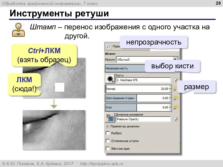 Инструменты ретуши Штамп – перенос изображения с одного участка на другой. Ctrl+ЛКМ
