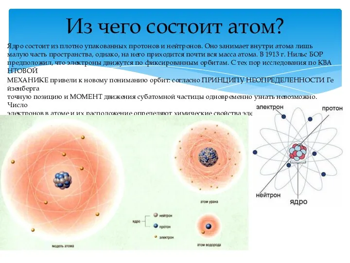 Ядро состоит из плотно упакованных протонов и нейтронов. Оно занимает внутри атома