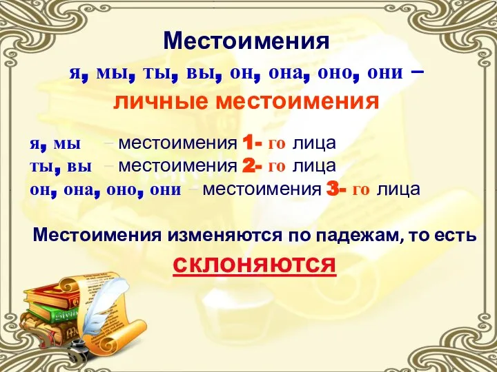 Местоимения я, мы, ты, вы, он, она, оно, они – личные местоимения