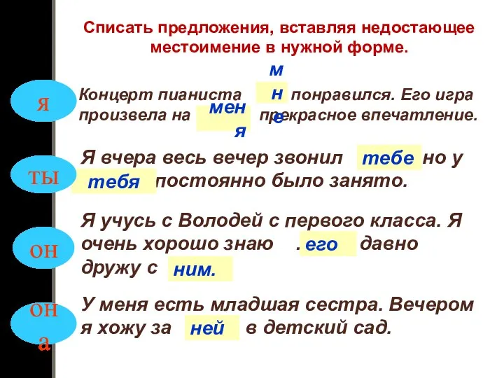 Списать предложения, вставляя недостающее местоимение в нужной форме. Концерт пианиста … понравился.