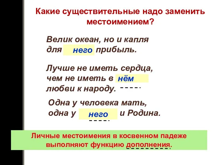 Какие существительные надо заменить местоимением? Велик океан, но и капля для океана