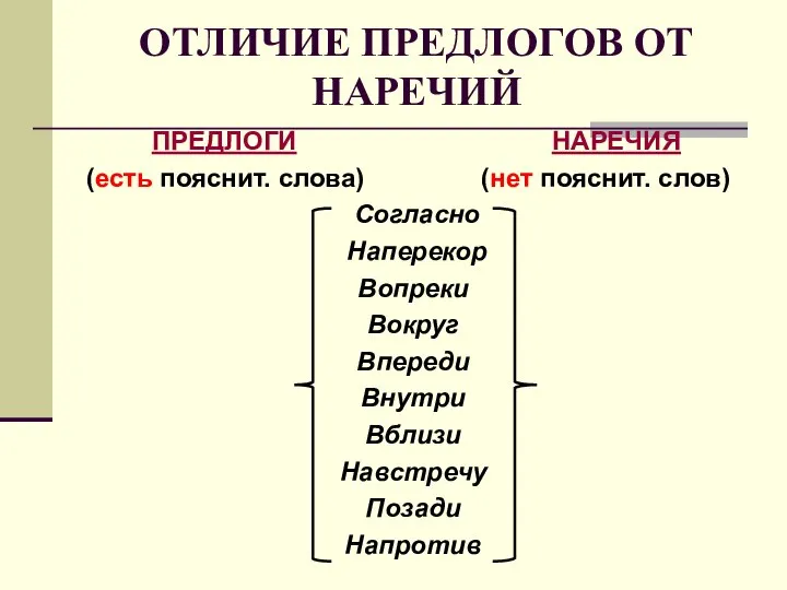 ОТЛИЧИЕ ПРЕДЛОГОВ ОТ НАРЕЧИЙ ПРЕДЛОГИ НАРЕЧИЯ (есть пояснит. слова) (нет пояснит. слов)