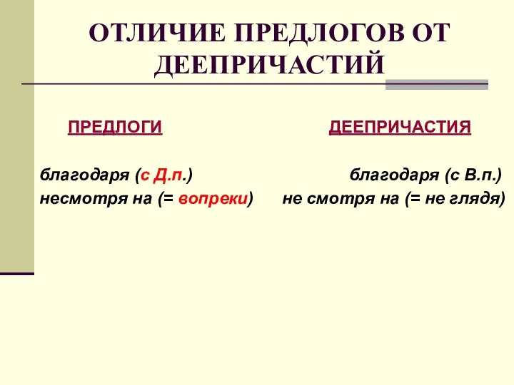 ОТЛИЧИЕ ПРЕДЛОГОВ ОТ ДЕЕПРИЧАСТИЙ ПРЕДЛОГИ ДЕЕПРИЧАСТИЯ благодаря (с Д.п.) благодаря (с В.п.)