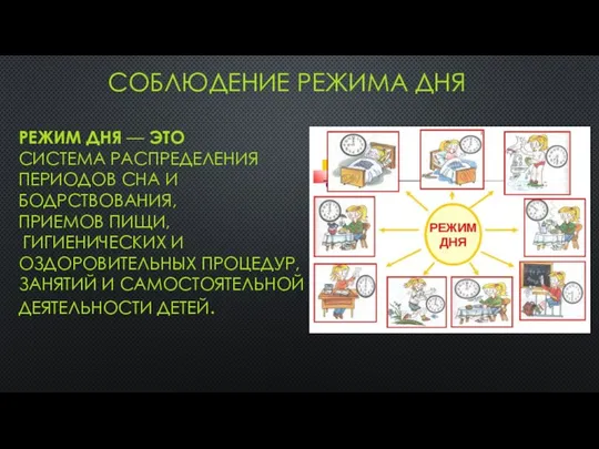 СОБЛЮДЕНИЕ РЕЖИМА ДНЯ РЕЖИМ ДНЯ — ЭТО СИСТЕМА РАСПРЕДЕЛЕНИЯ ПЕРИОДОВ СНА И