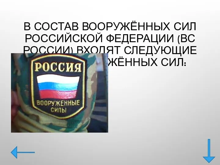 В СОСТАВ ВООРУЖЁННЫХ СИЛ РОССИЙСКОЙ ФЕДЕРАЦИИ (ВС РОССИИ) ВХОДЯТ СЛЕДУЮЩИЕ ВИДЫ ВООРУЖЁННЫХ СИЛ: