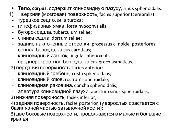 Тело, corpus, содержит клиновидную пазуху, sinus sphenoidalis: верхняя (мозговая) поверхность, facies superior