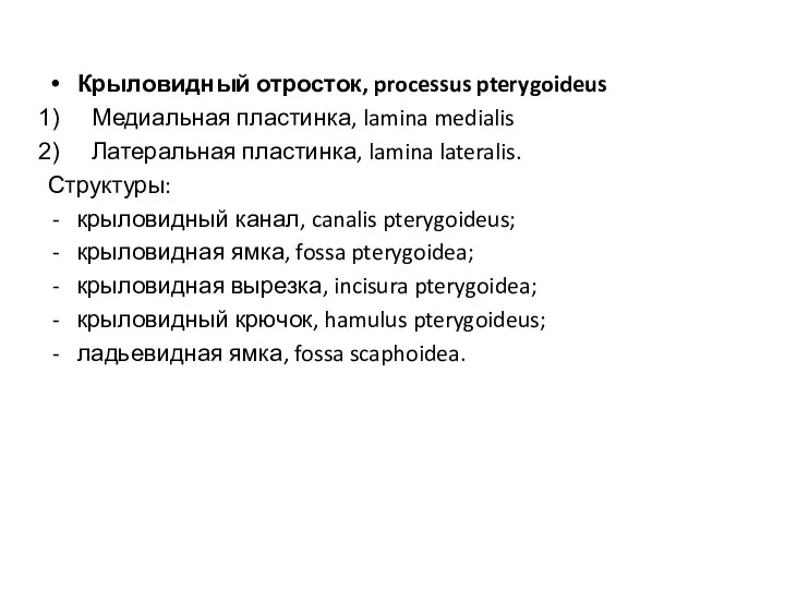 Крыловидный отросток, processus pterygoideus Медиальная пластинка, lamina medialis Латеральная пластинка, lamina lateralis.