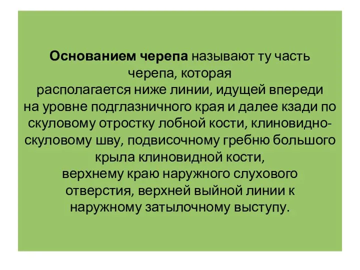 Основанием черепа называют ту часть черепа, которая располагается ниже линии, идущей впереди