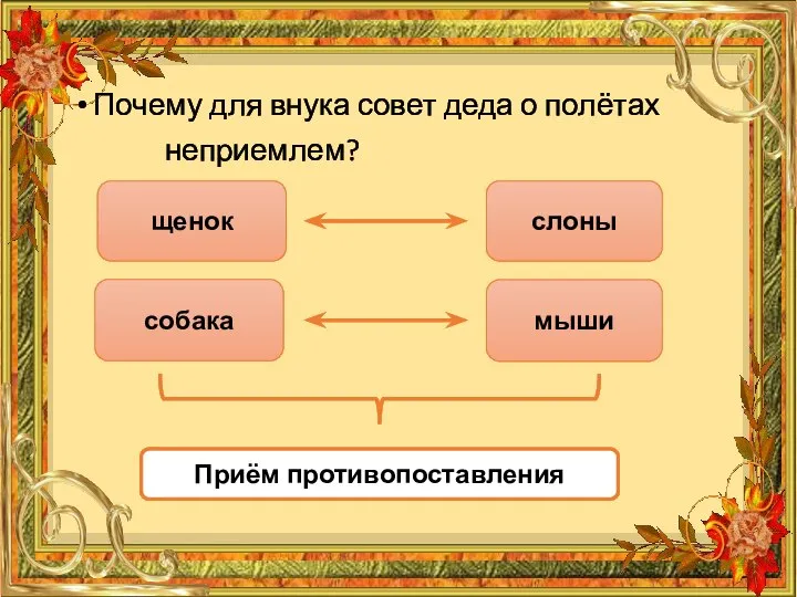 Почему для внука совет деда о полётах неприемлем? щенок собака мыши слоны Приём противопоставления