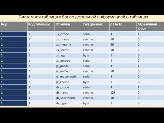 Системная таблица с более детальной информацией о таблицах данных: