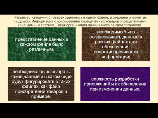 Например, сведения о товарах хранились в одном файле, а сведения о клиентах