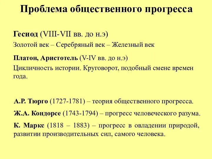 Проблема общественного прогресса Гесиод (VIII-VII вв. до н.э) Золотой век – Серебряный