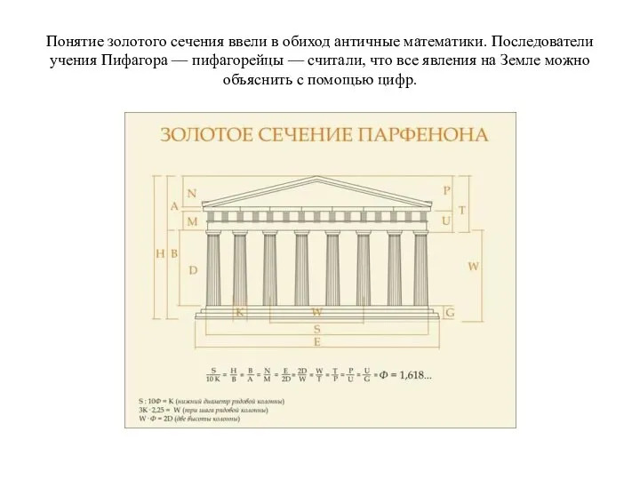 Понятие золотого сечения ввели в обиход античные математики. Последователи учения Пифагора —