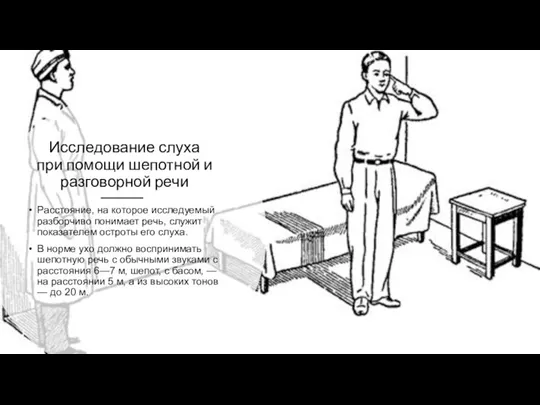 Исследование слуха при помощи шепотной и разговорной речи Расстояние, на которое исследуемый