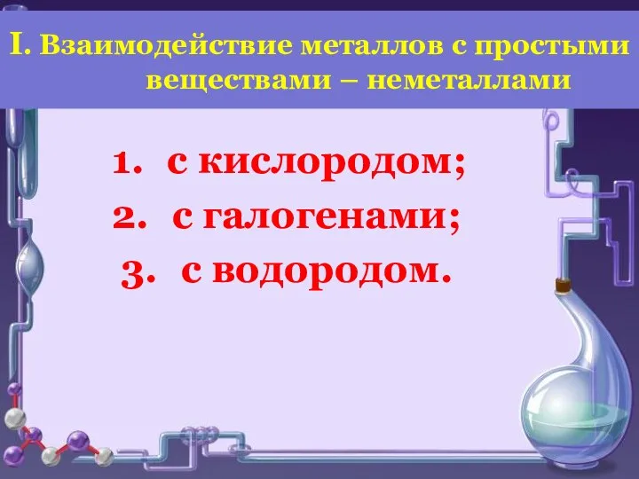 I. Взаимодействие металлов с простыми веществами – неметаллами с кислородом; с галогенами; с водородом.