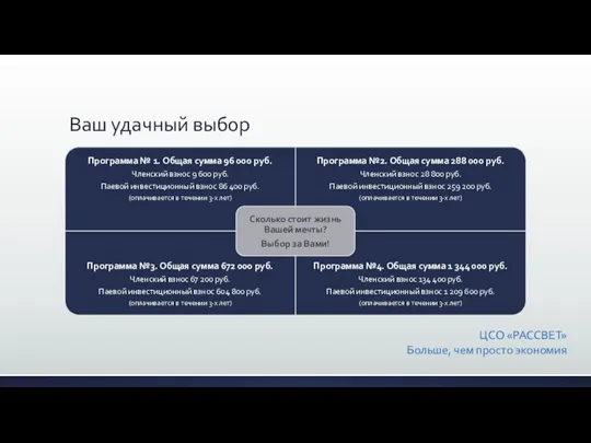 Ваш удачный выбор ЦСО «РАССВЕТ» Больше, чем просто экономия