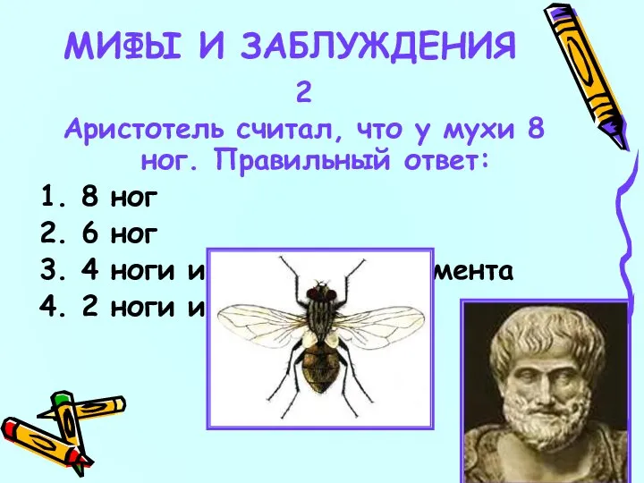 2 Аристотель считал, что у мухи 8 ног. Правильный ответ: 1. 8