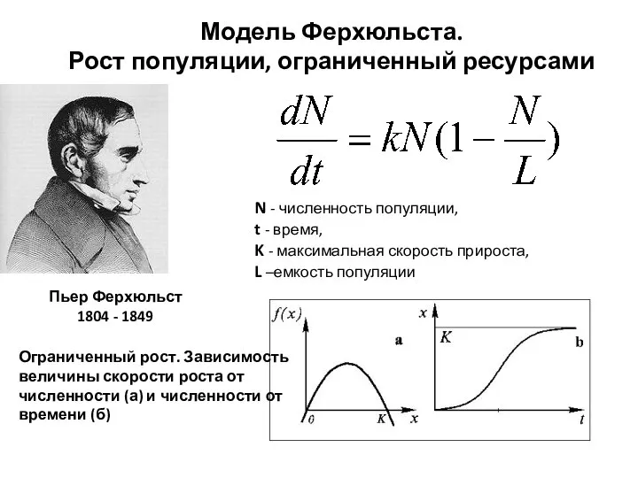 Модель Ферхюльста. Рост популяции, ограниченный ресурсами Пьер Ферхюльст 1804 - 1849 Ограниченный