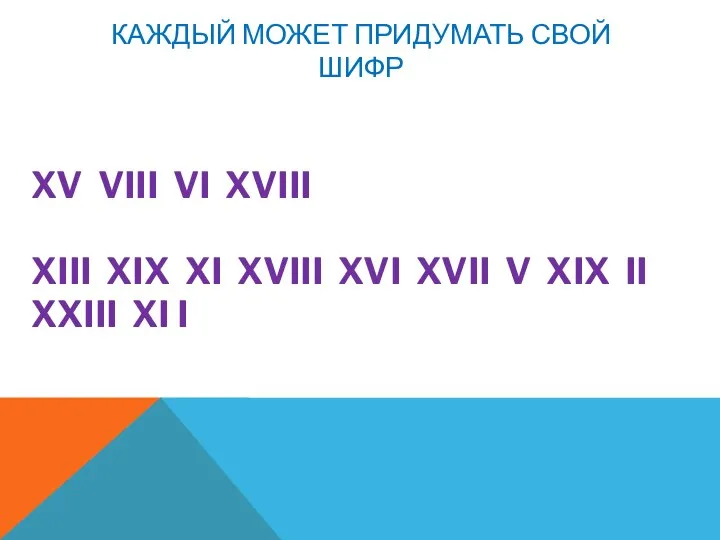 КАЖДЫЙ МОЖЕТ ПРИДУМАТЬ СВОЙ ШИФР XV VIII VI XVIII XIII XIX XI