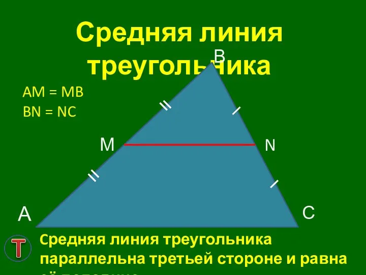 Средняя линия треугольника А В С М N AM = MB BN