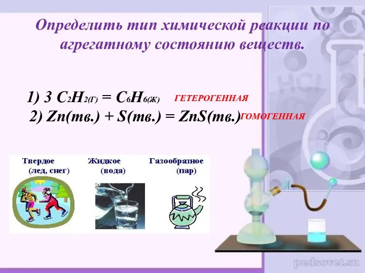 Определить тип химической реакции по агрегатному состоянию веществ. 1) 3 C2H2(Г) =