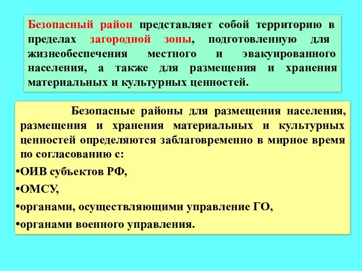 Безопасный район представляет собой территорию в пределах загородной зоны, подготовленную для жизнеобеспечения